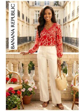 (3 for $30) BANANA REPUBLIC - Red/white printed v-neck blouse